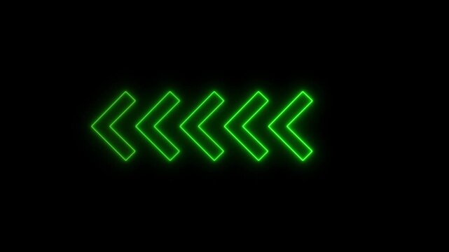 Glowing neon light animated traffic directional arrows sign. Left arrow for road direction. Flashing direction indicators .Abstract neon flashing light back arrow loading animation. black 4k