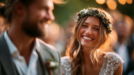 Obraz premium A wide shot of a happy couple smiling softly at each other during a calm bright woodland wedding ceremony woodland smile open faces bright outdoors daylight workspace full