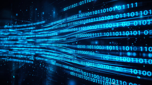 Blue binary code stream with digital data flow