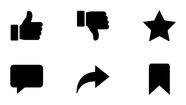Set of 6 Black Social Media Icons: Thumbs Up, Thumbs Down, Star, Chat Bubble, Share Arrow, Bookmark