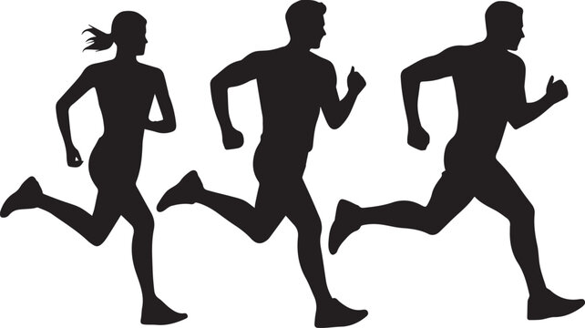 Silhouette of Three Runners Sprinting in Dynamic Motion Against Plain Background