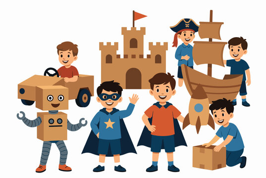 Imaginative children playing together with cardboard boxes transformed into a car a robot a castle a spaceship and a pirate ship.