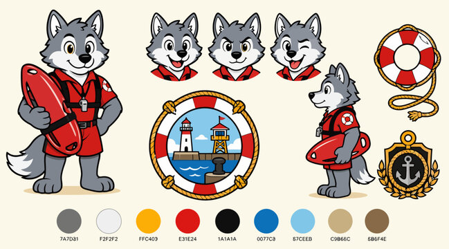 Cartoon Wolf Lifeguard and Maritime Symbols Collection.
