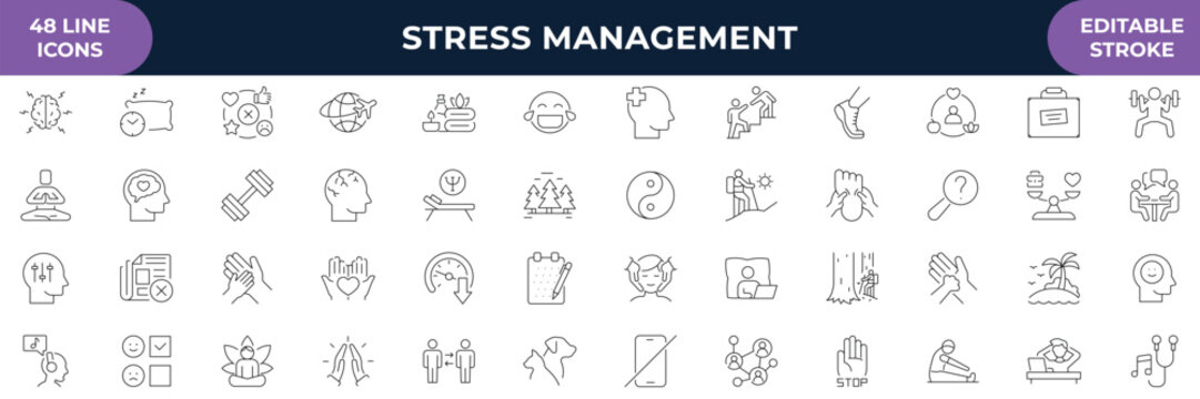 Stress Management Icon Set. Containing Mindfulness, Relaxation, Meditation, Mental Health, Anxiety Relief, Wellness, Self Care, Balance, Therapy, Positivity and more. Editable Stroke. Vector file