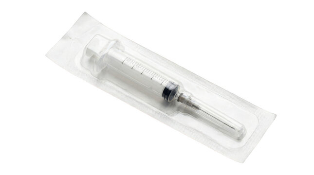 Disposable syringe in sterile packaging isolated on transparent background