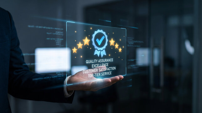 Businessman holding hologram of quality assurance and stars