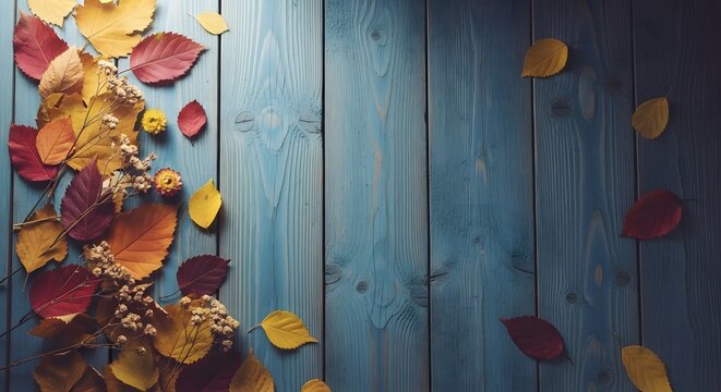 Labor day canada and usa fall leaves on blue wooden background celebrating end of summer and back to school