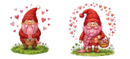 Fototapeta premium Two cute valentines day gnomes with pink beards and baskets of candy isolated on transparent background