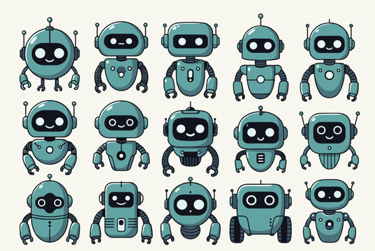 Set of fifteen diverse and cute teal-colored robot characters with different body shapes and friendly expressions.