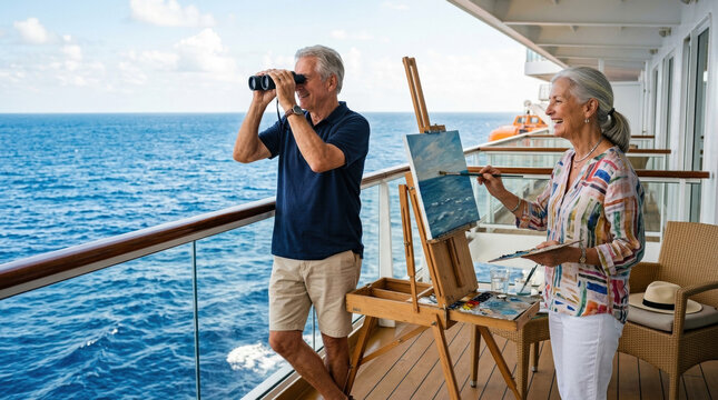 Senior couple appreciating a beautiful ocean landscape as they paint and relax on the balcony of their cruise ship