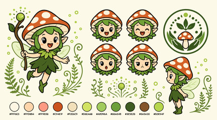 Obraz premium Whimsical mushroom fairy character illustration set.