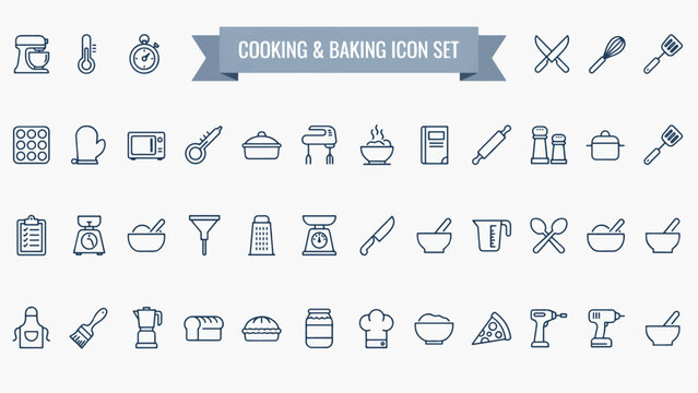 Cooking and baking icons set for kitchen utensils and food preparation tools  various kitchenware