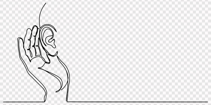 One continuous line drawing of human ear. Icon Symbol of care hear health and sensory aid in simple linear style. transparent background,  Concept for world deaf day editable stroke, minimalist vector