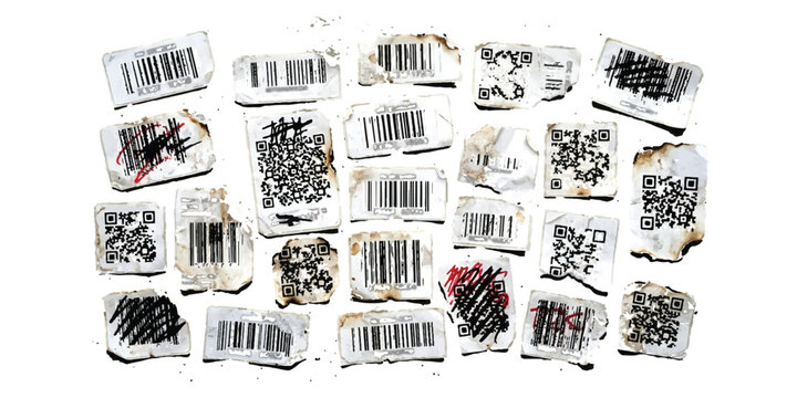 Set of various barcodes and qr codes with scribbled black lines