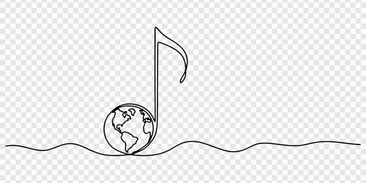 World music day a globe of the Earth, a musical note, continuous one line drawing, transparent background, Planet music note earth logo symbol world, Earth with scale symbol world music day one line. 