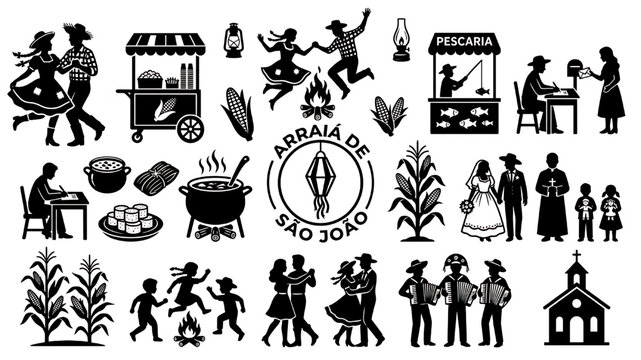 Festa Junina Brazilian June Festival Vector Elements Icon Set Silhouette Illustrations, White background.