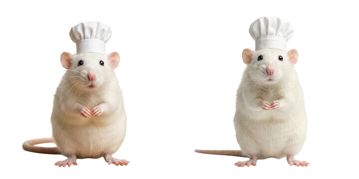 Two cute white rats wearing chef hats isolated on transparent background