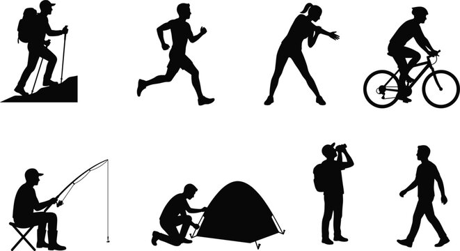 Outdoor Adventure and Sports Silhouette Collection Featuring Hiking Running Cycling Camping Fishing and Walking Activities