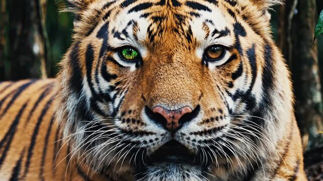 Detailed head portrait of a Bengal tiger showing striped orange fur and green eyes reflecting a lush tropical rainforest canopy within the pupils in a natural wild setting.