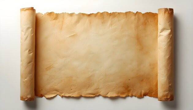 Vintage parchment scroll with torn edges on white background
