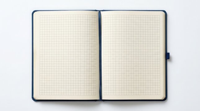 Open grid notebook with blank pages on white background