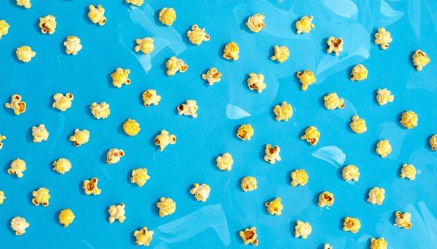 Scattered popcorn kernels on glossy bright blue background, playful composition