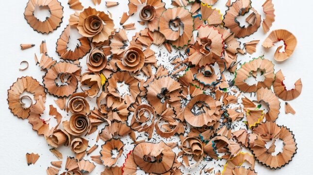 Colorful pencil shavings scattered on a white surface for art or school supplies