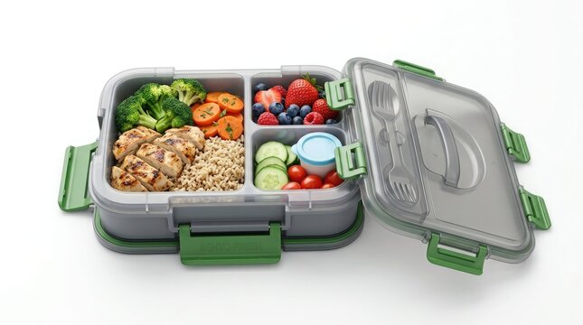 A lunch box with chicken, broccoli, carrots, berries, and vegetables