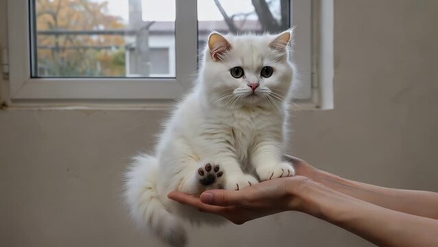 Two pairs of hands gently cradling a small fluffy white kitten with cream-colored fur in a tender and caring manner