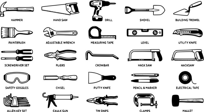 Construction tools. Building repair hand tools, renovation kit, hammer, saw, drill and shovel. Home repair tool vector illustration icons set. Repair tool, hammer and trowel, paintbrush and saw