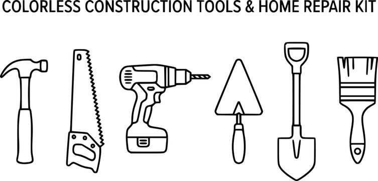 Construction tools. Building repair hand tools, renovation kit, hammer, saw, drill and shovel. Home repair tool vector illustration icons set. Repair tool, hammer and trowel, paintbrush and saw