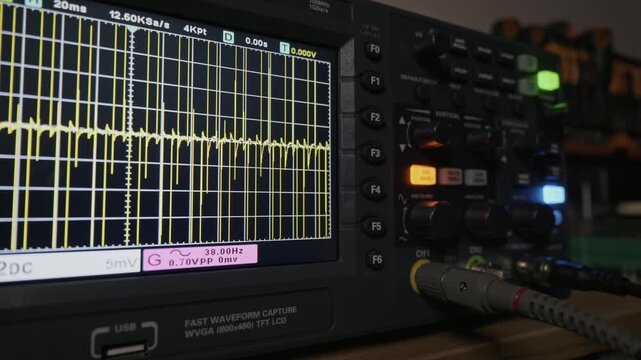 A digital oscilloscope displays a fluctuating yellow electrical signal, changing from a clean sine wave to a noisy waveform. Concept of electronic measurement, data analysis, and scientific research.