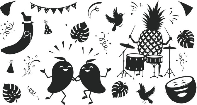 Black and white tropical fruit party icons isolated on transparent background, isolated on white background, Vector, illustration