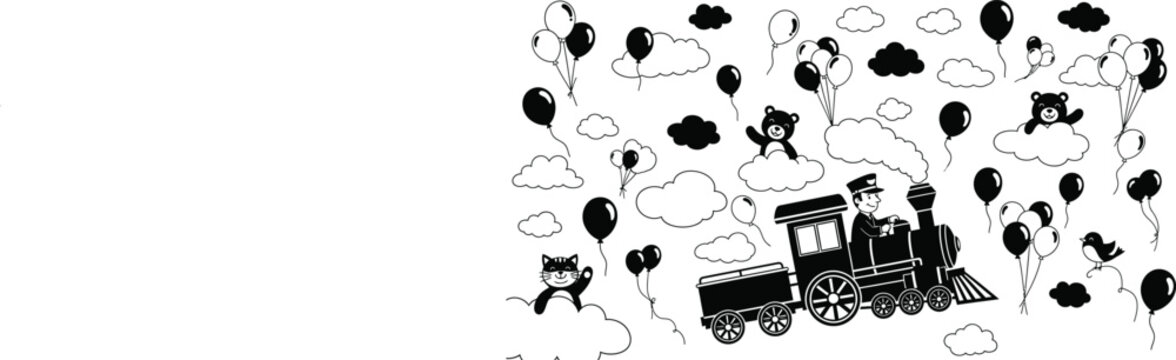 Black and white train with balloons and teddy bears isolated on transparent background, isolated on white background, Vector, illustration