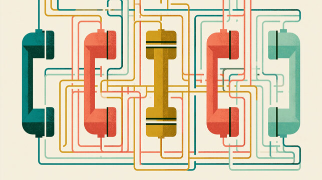 A clean flat vector illustration in a mid-century modern style, showing a complex network of communication lines connecting multiple telephone handsets.