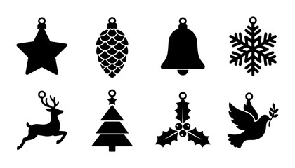 Christmas Ornaments Vector Icons Set: Star, Pinecone, Bell, Snowflake, Reindeer, Tree, Holly, Dove  Festive Holiday Decorations, Black Silhouettes for Design © Lamiya