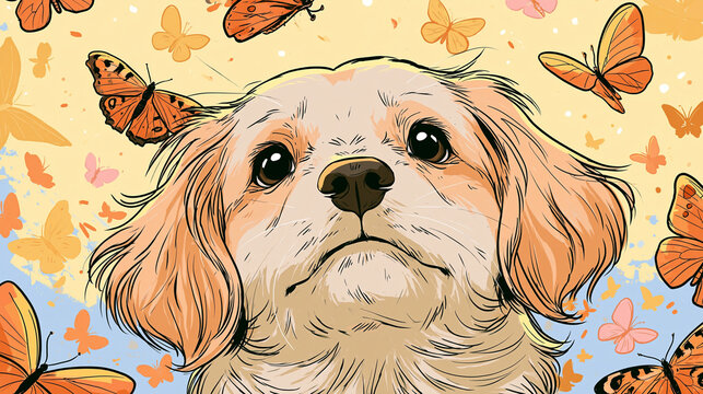 A charming hand-drawn digital illustration featuring a close-up of a sweet puppy surrounded by floating orange butterflies against a light background.
