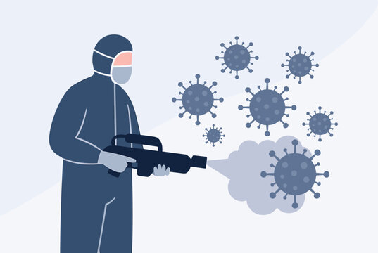 Professional sanitation worker in a hazmat suit spraying disinfectant to eliminate airborne virus cells.