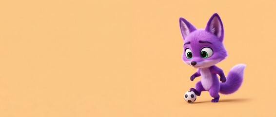 Obraz premium Cute purple fox playing soccer with a mini football ball on solid pastel orange background with copy space presenting a funny, playful 3D cartoon style illustration for sports banner design templates.