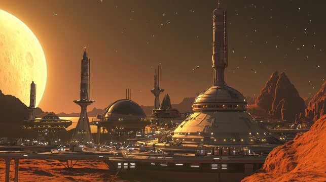 Futuristic city complex thrives on the surface of a desolate alien planet during a golden sunset.