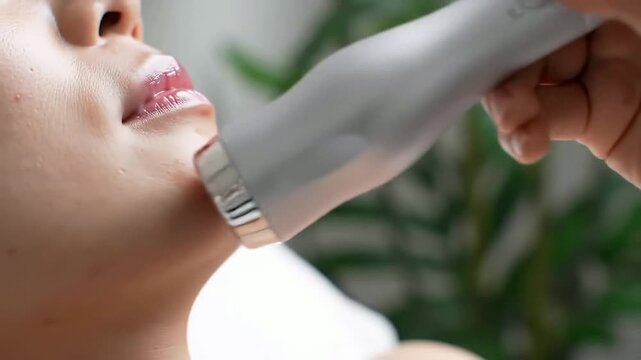 Macro Side Profile Shot of a Silver-Tipped Cryo Wand Glide During Facial Treatment in Serene Setting with Subtle Green Background