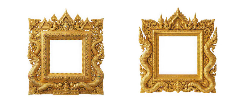 Set of two traditional thai style golden frames with naga serpent carvings isolated on transparent background