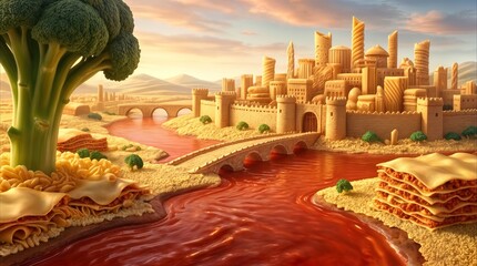 Naklejka premium Pasta city with lasagna buildings and broccoli trees along tomato sauce river. Surreal food landscape featuring edible architecture and bridges at sunset.