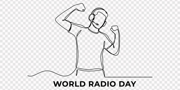 Single one line drawing happy young boy listening music with earphone. World radio day concept. transparent background, continuous line art vector illustration of a boy listening to music with a heads