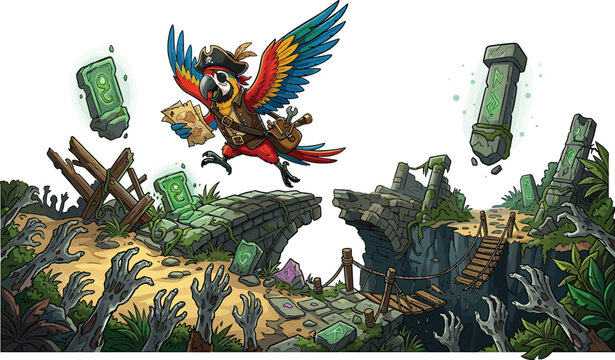 Cartoon pirate parrot flying over ancient ruins holding treasure map escaping scary zombie hands vector illustration