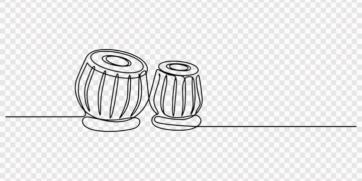 Minimalist tabla set classical music transparent background, Continuous one line art world music day concept tabla dagga, Minimalist continuous line drawing of two tabla drums, vector illustration, 
