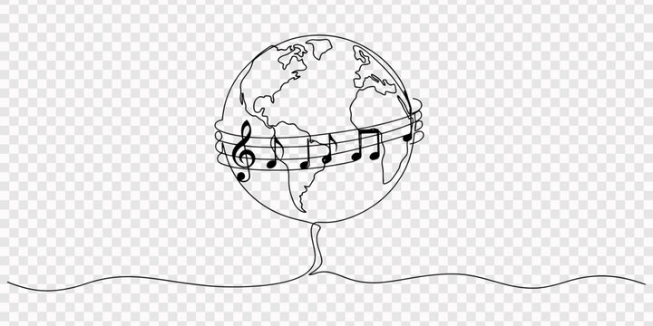 World with Music sign continuous one line drawing, World Music Day in June 21 simple vector with treble clef sign and musical notes. globe with musical notes,  treble clef sign and musical notes pro.