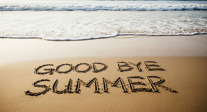 Good Bye Summer text written in sand, seasonal message on tropical beach, end of vacation concept with ocean waves and golden sand