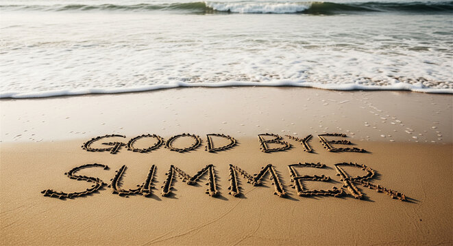 Good Bye Summer text written in sand, tropical beach shoreline with ocean waves, end of season vacation concept on sandy coast