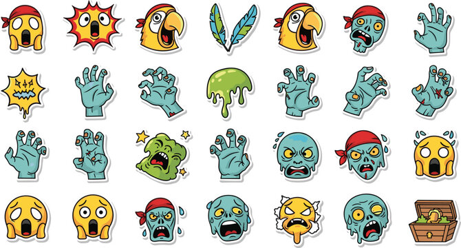 Cartoon zombie pirate emoji sticker set featuring funny expressions spooky undead hands parrot head and treasure chest vector illustration